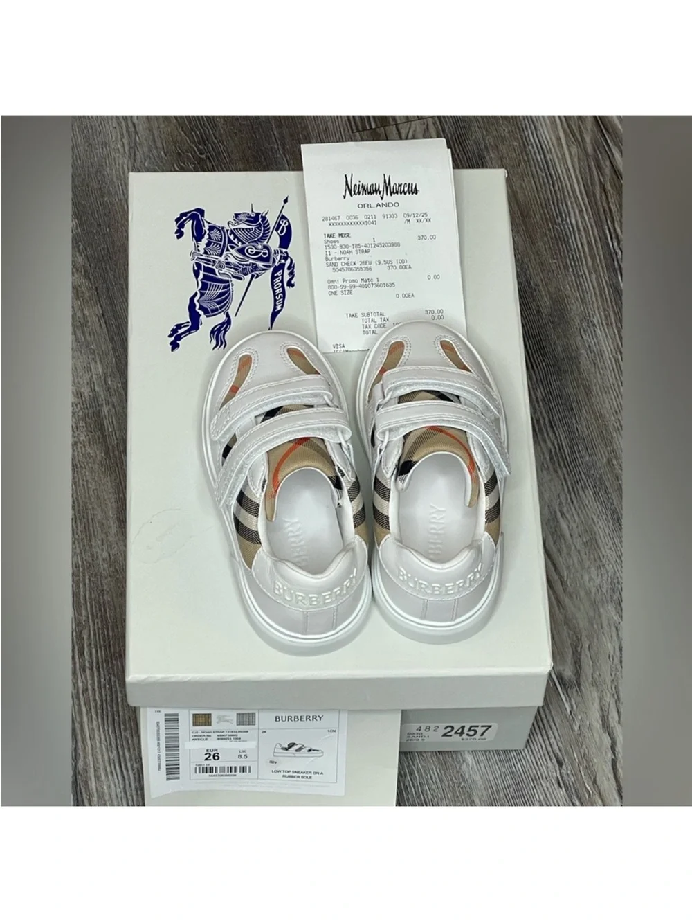 Burberry Kids White Sneakers with Beige & Black Check Straps